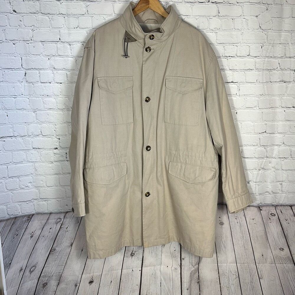 Jos A Bank Mens Tan Canvas Chore Coat Jacket size XL Hidden Hood